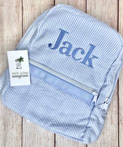 small seersucker monogrammed backpack - blue seersucker