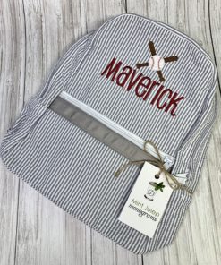 small seersucker monogrammed backpack - gray seersucker