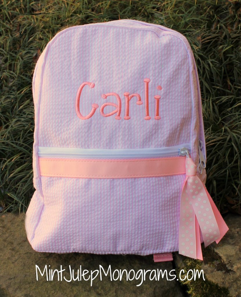 pink seersucker small backpack, matching pink thread, delightful font