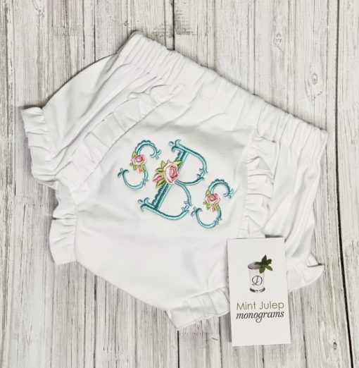bloomers- monogrammed ruffled aqua with floral scallop fishtail font