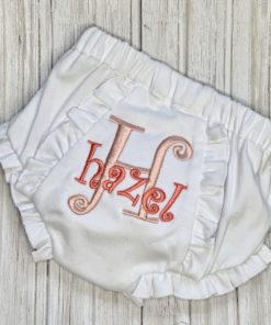 bloomers- monogrammed ruffle with stacked or layered monogram Peach and coral thread party time font