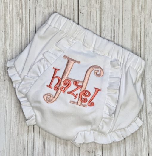 bloomers- monogrammed ruffle with stacked or layered monogram Peach and coral thread party time font