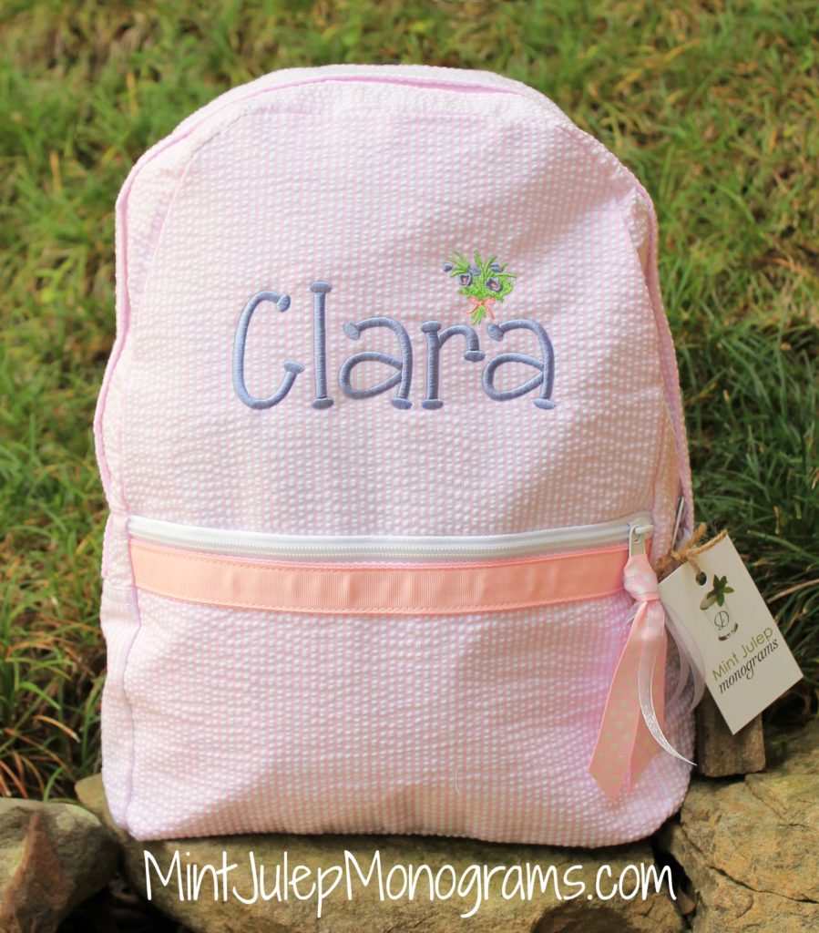 Pink seersucker large backpack, Lavender thread, Delightful font and bouquet mini embroidery design