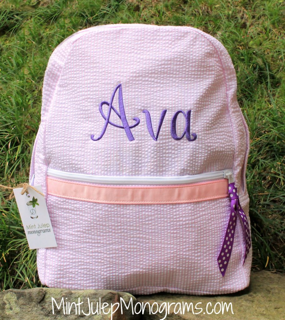 Pink Seersucker Large Backpack, Royal purple thread, Curtsy font