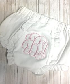 bloomers- white monogrammed with ruffle edge and pale pink thread vine font