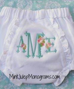 bloomers- white ruffled with aqua and floral fishtail scallop monogram