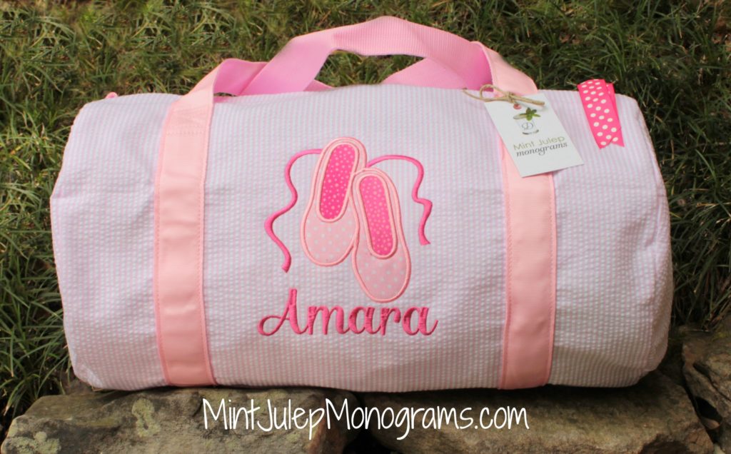 Pink Seersucker Duffel bag with Ballet Shoes Applique, Hot pink thread, Bulgary font