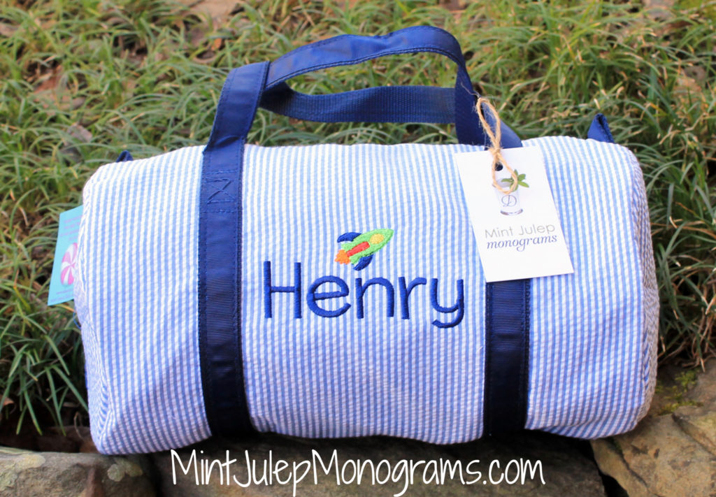 Navy Seersucker Small Duffel Bag, Navy Thread, Henry Font, Rocket Mini Embroidery Design