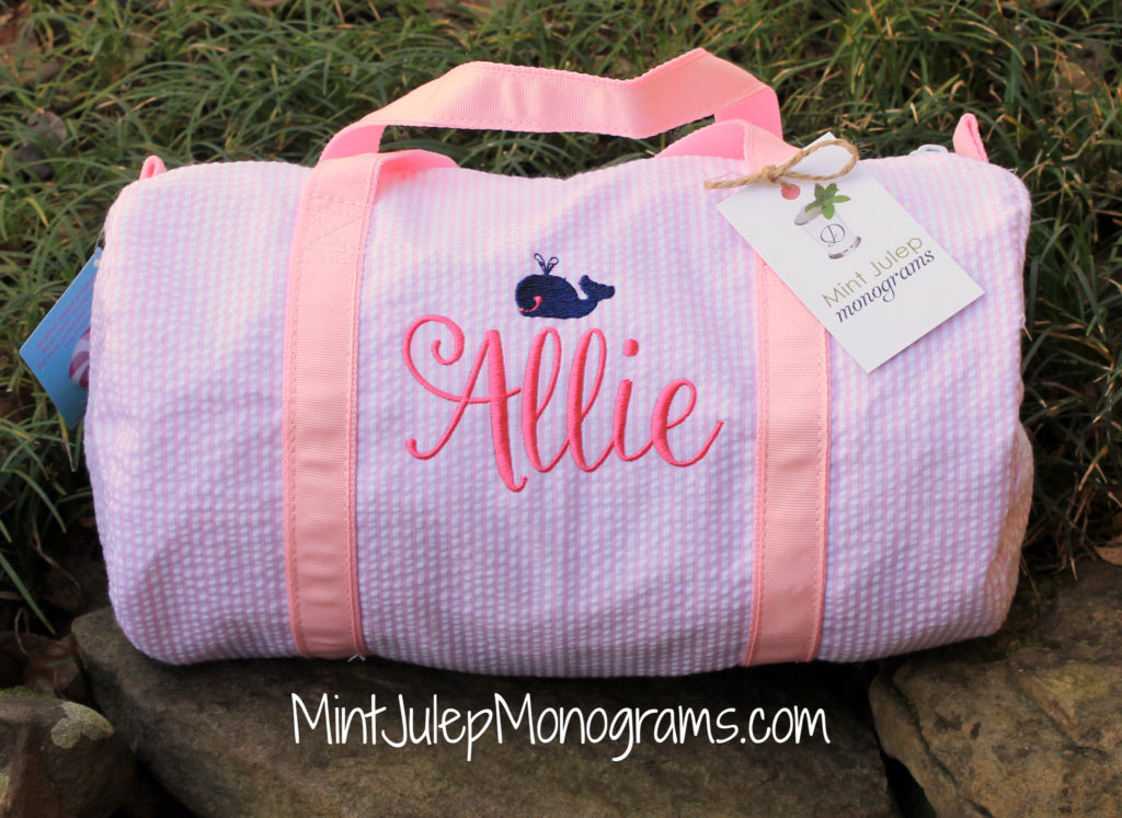 pink seersucker baby duffel bag, hot pink thread, Ballerina font and whale mini embroidery design