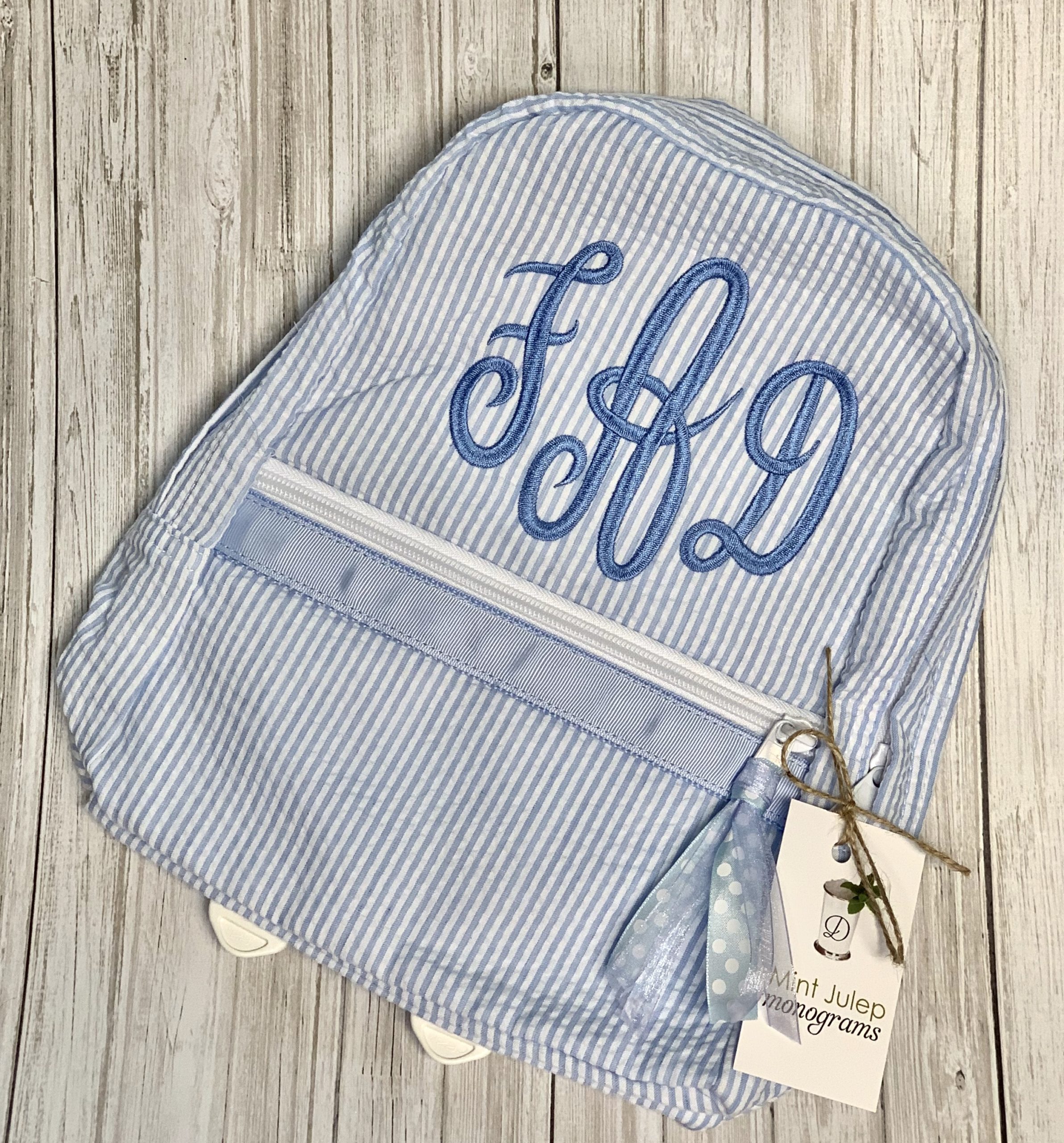 Baby blue seersucker small backpack fad empress font periwinkle thread ...