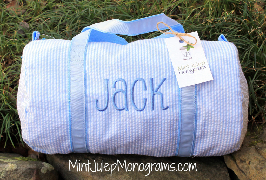 baby blue seersucker small duffel bag, matching blue thread, Pearson font