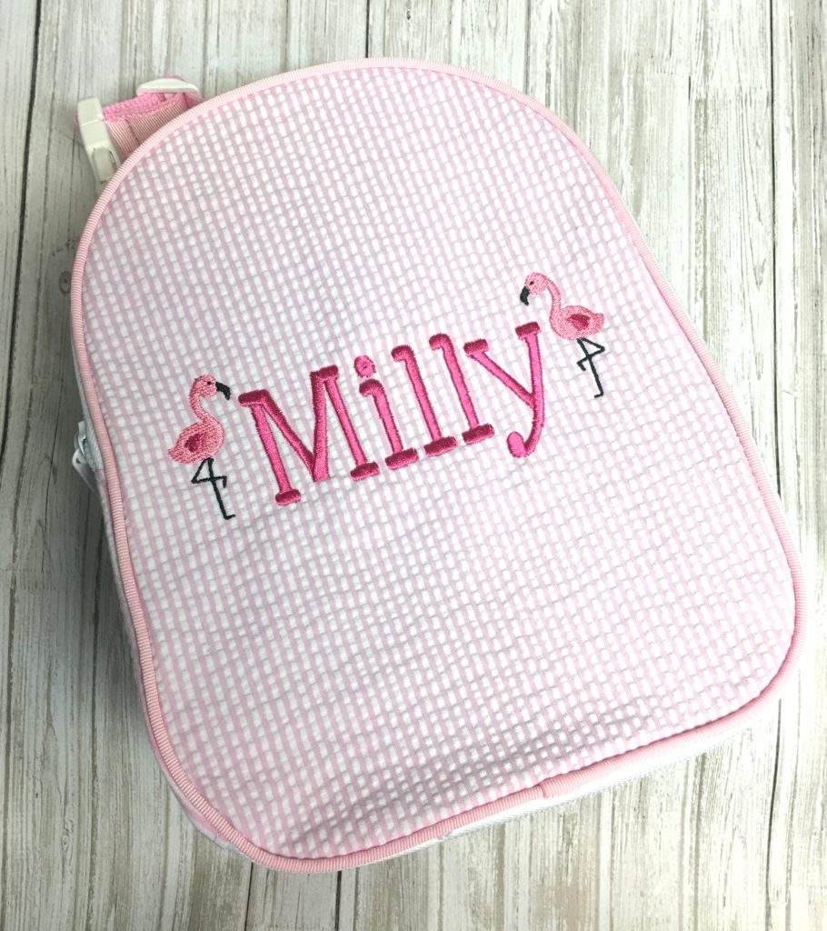 pink seersucker gum drop lunch box, hot pink thread, be still and know font, flamingo mini embroidery design