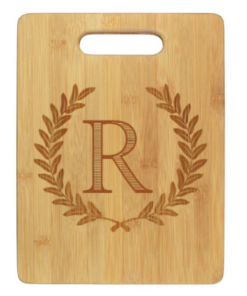 engraved cutting board with wheat leaf and initial