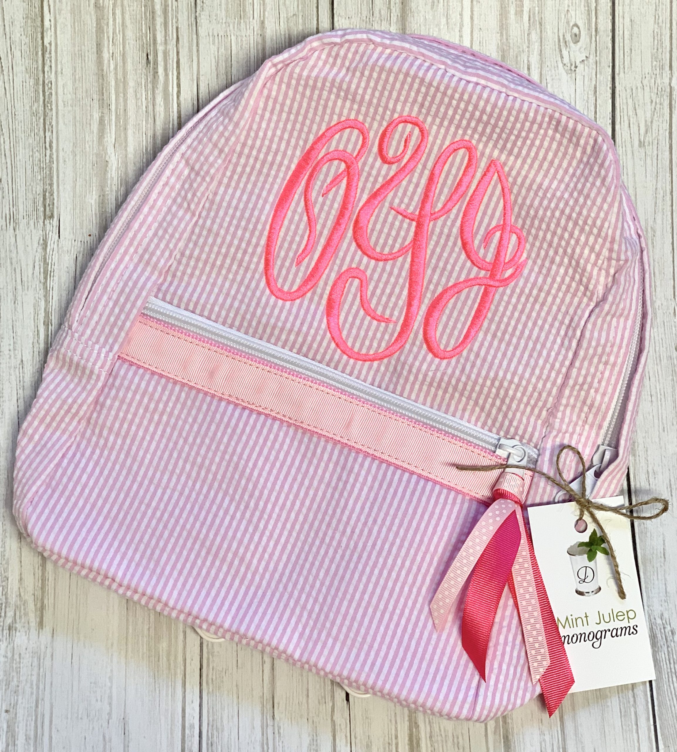 Pink Seersucker Small Backpack with Monogram- your favorite bag!